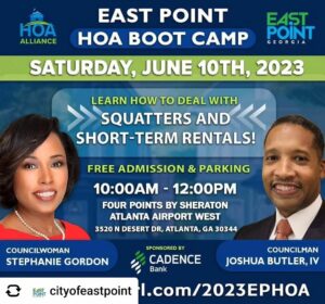 Posted @withregram • @cityofeastpoint Join us at the East Point @hoabootcamp HOA Boot Camp, hosted by Councilmember  Stephanie Gordon and Councilmember Joshua Butler, IV! The HOA Bootcamp will be held on Saturday, June 10, 2023