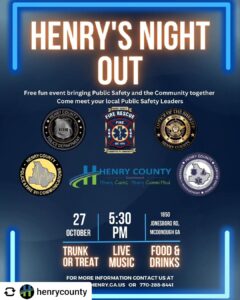 The Henry County Police Department, along with the Henry County Sheriff, Henry County Fire Rescue, and Henry County E-911 Departments are hosting the annual Henry’s Night Out