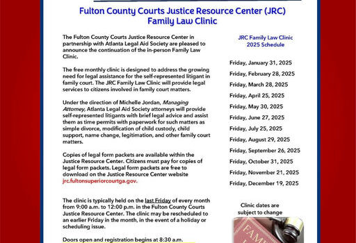 Empower yourself with the legal support you need at the Family Law Clinic hosted by the Fulton County Juvenile Court. Located on the 7th Floor of the Justice Center Tower, this vital resource is available on the last Friday of each month, providing essential legal advice and assistance for self-represented litigants. Whether you're navigating a simple divorce, modifying child custody or support, seeking a name change, legitimation, or addressing other family court matters, this clinic offers the guidance necessary to empower you through the legal process. Visit the clinic this Friday, February 28th, 2025, from 9:00 a.m. to 12:00 p.m. No registration is necessary—just stop by and take advantage of this invaluable service. #FamilyLawClinic #LegalSupport #FultonCounty #JusticeForAll #EmpoweringFamilies #AtlantaJustice #LegalAdvice #FamilyMatters #SelfRepresentedLitigants Media Credit: Fulton County Juvenile Court