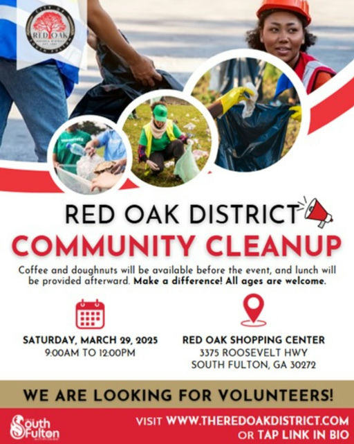 Join the fight for a cleaner community at the Red Oak District Community Cleanup! This is an incredible opportunity to connect with locals, make a positive impact, and beautify Red Oak. Everyone is invited, so rally your friends, family, and neighbors to lend a hand! Enjoy free coffee and doughnuts before kicking off a day of meaningful work, and a complimentary lunch will follow. Mark your calendars for Saturday, March 29, 2025, from 9:00 AM to 12:00 PM at the Red Oak Shopping Center, 3375 Roosevelt Hwy, South Fulton, GA 30272. Registration is easy and free! Sign up now to volunteer at: https://redoakdistrict.kartra.com/survey/communitycleanupvolunteers #RedOakCleanup #Volunteer #CommunityFirst #SouthFulton #MakeADifference #KeepRedOakBeautiful Media Credit: Red Oak District