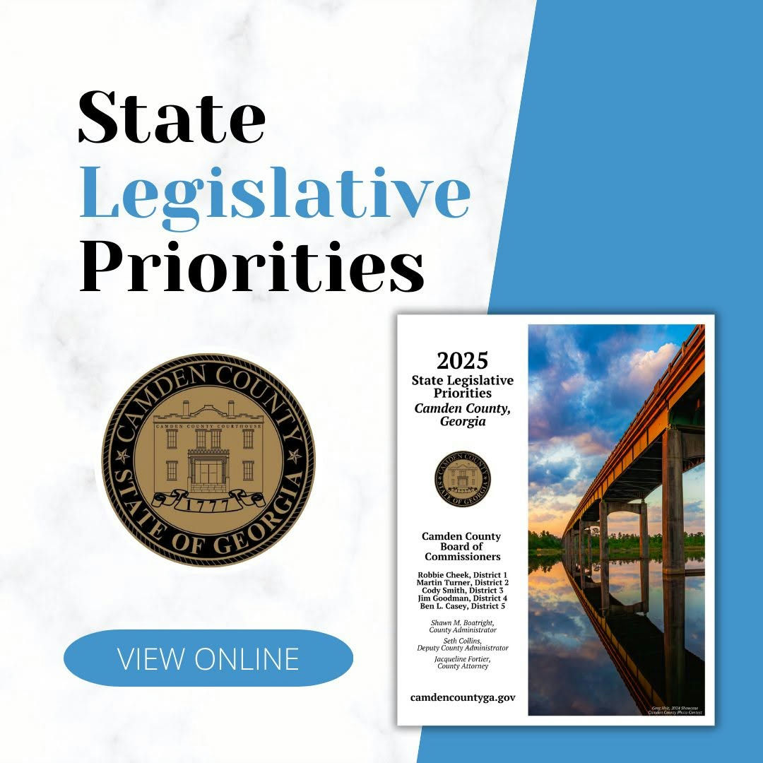 The Camden County Board of Commissioners has unveiled its 2025 State Legislative Priorities, strategically addressing critical issues that affect our community’s well-being. These priorities will be instrumental in steering advocacy initiatives with state leaders to ensure that Camden County's unique needs are met. Stay informed and engaged as these priorities lay the groundwork for impactful legislative efforts that will benefit local residents. Learn more on the Camden County website. #LinkInBio #TopNews #2025LegislativePriorities #Advocacy #CamdenCountyGA