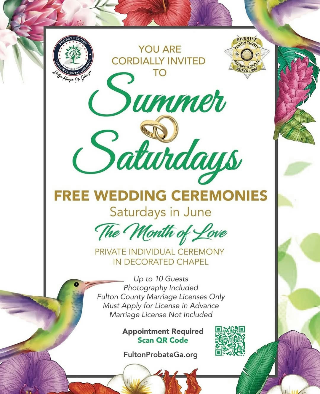 Celebrate love this June with free wedding ceremonies at the Fulton County Probate Court every Saturday! Enjoy a beautifully decorated chapel, included photography, and a setting perfect for up to 10 guests. This is a fantastic opportunity to say “I do” in style without the cost. Appointments are required. Details at fultonprobatega.org