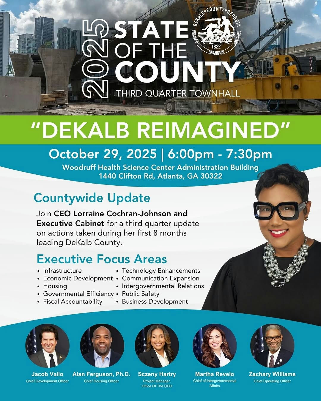 Join Commissioner Lorraine Cochran-Johnson and members of the Executive Cabinet on Wednesday, Oct. 29 at 6 PM for the State of the County: Third Quarter Town Hall. Get an inside look at the progress made and the bold steps ahead from housing and infrastructure to technology, safety, and opportunity for all who call DeKalb home.
