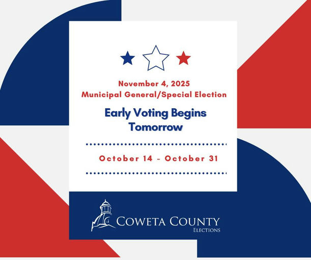 Make your voice heard in Coweta County! Early Voting for the Municipal General/Special Election on November 4, 2025, is almost here. With early voting available from October 14 to October 31, this is your chance to ensure your opinion counts. Voting hours are 9 AM to 5 PM on weekdays, with additional hours on select Saturdays. Take a moment to plan your visit to one of the convenient early voting locations. Your participation is crucial to shaping the future of our community. Media Credit: Coweta County, Georgia