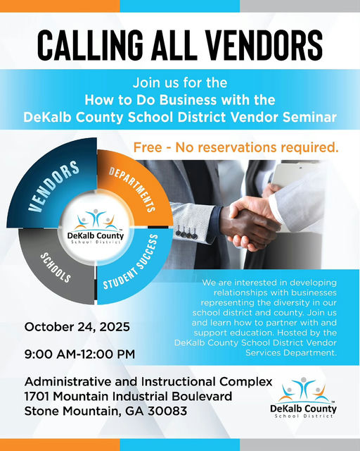 Calling all vendors! Tomorrow is the day to make a significant impact in education at the 'How to Do Business with DCSD' Vendor Seminar. Join us on Friday, Oct. 24, 2025, from 9 AM to 12 PM at 1701 Mountain Industrial Blvd, Stone Mountain, GA 30083. This FREE event doesn’t require reservations, so bring your ideas and learn how your business can collaborate with @DeKalbSchools to enhance student success in our community. Media Credit: DeKalb County Schools, GA