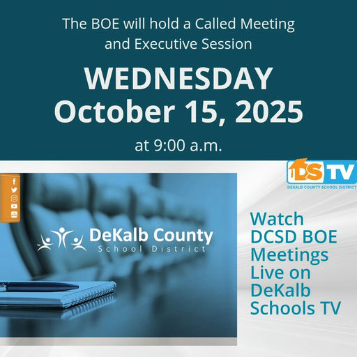 Join us for the #DCSD Board of Education's Called Meeting and Executive Session on Wednesday, October 15, at 9:00 a.m. Stay informed and engaged by tuning in on Comcast Xfinity channel 24 in DeKalb or catching us on #DSTV. Don't miss out on important discussions—check out the meeting agenda, BOE policies, and our Public Comment Policy & Procedure, all available through the LINK IN BIO. Let's work together for the future of our schools! @DeKalbSchools #Education #DeKalbCounty #CommunityEngagement #SchoolBoard Media Credit: DeKalb County Schools, GA
