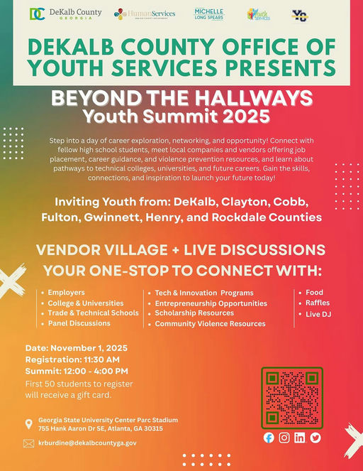 Team Commissioner Ted Terry is happy to share an opportunity for DeKalb County’s youth this Saturday, November 1st. Through partnerships and evidence-based designs rooted in human development, the DeKalb County Office of Youth Services delivers leadership development, mentorship, arts and entertainment, technology and problem-solving, violence prevention, entrepreneurship, and civic engagement. To learn more about their programs, visit www.dekalbcountyga.gov/youth-services/welcome Media Credit: Commissioner Ted Terry