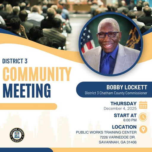 Bobby Lockett, District 3 County Commissioner, is set to host an important Community Meeting. They will provide residents with valuable updates and listen to community concerns. 📅 Date: December 4, 2025 ⌚ Time: 6:00 PM 📍 Location: Public Works Training Center, 7226 Varnedoe Dr. Savannah, GA 31406 This meeting is an excellent opportunity for residents to engage with their local government. Media Credit: Chatham County, Georgia Government