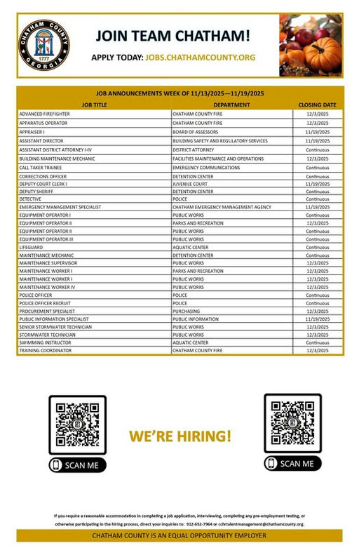 Apply to join Team Chatham! They are currently seeking new members to enhance their workforce and contribute to the community. Interested candidates can find more information and submit their applications by visiting their official website: https://jobs.chathamcounty.org/. Could you see yourself contributing to Team Chatham? Media Credit: Chatham County, Georgia Government
