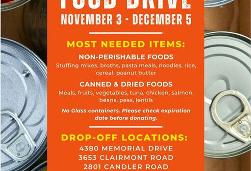 The DeKalb County Tax Commissioner's Office has announced locations for its annual Holiday Food Drive. Please support the Atlanta Community Food Bank by bringing canned, dried, and non-perishable food items between November 3 and December 5 to one of the following locations in Decatur: 4380 Memorial Drive 3650 Clairmont Road 2801 Candler Road For more information, visit https://dekalbtax.org/news/dekalb-county-tax-commissioners-office-hosts-annual-holiday-food-drive-from-nov-3-through-dec-5/ Media Credit: Commissioner Michelle Long Spears