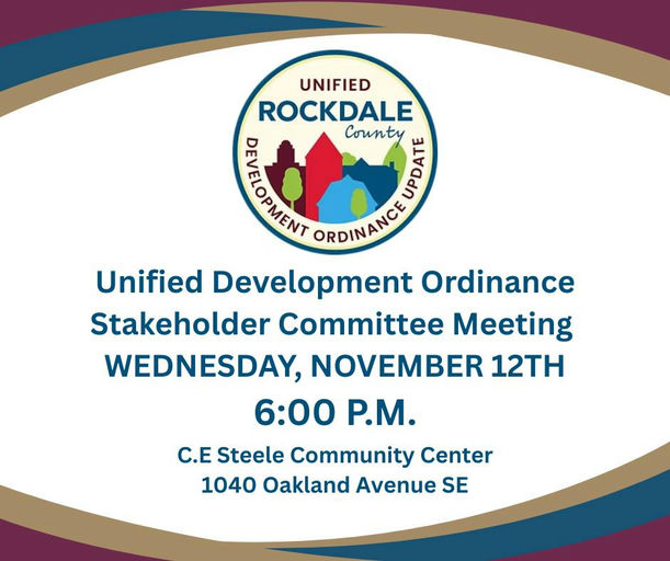 📣Please join us for our Unified Development Ordinance Stakeholder Meeting Our Unified Development Ordinance Stakeholder Committee will be meeting to continue shaping the future of planning and development in our community. These meetings bring together community voices, staff, and stakeholders to guide how growth and development are managed in Rockdale. 📆 Wednesday, November 12th ⏰ 6:00 p.m. - 8:00 p.m. 📍 C.E. Steele Community Center, 1040 Oakland Ave. SE Stay informed and engaged - your community, your future! Media Credit: Rockdale County