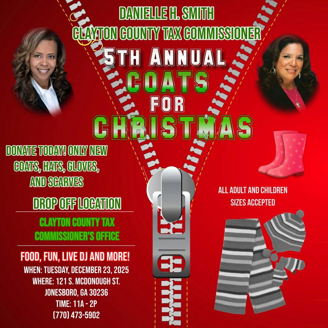 Join the effort to spread joy this holiday season with the 5th Annual Coats for Christmas! On December 23, 2025, the Tax Commissioner's Office invites the community to donate brand-new coats for men, women, and children in need. Drop off your donations at one of our convenient locations and be part of making a difference in someone’s life. Together, we can bring warmth and comfort to those who need it most this winter. Help us collect as many coats as possible through December 19, 2025, as every coat counts! Thank you for your generosity and support.