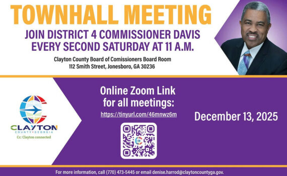 Join the District 4 Community for an essential Town Hall meeting with Commissioner DeMont Davis on December 13, 2025, at 11 a.m. This important event aims to engage the community in meaningful discussions that impact their lives. Participate in person at the Clayton County Board of Commissioners, located at 112 Smith Street, Jonesboro, GA 30236, or join virtually via Zoom. This is a fantastic opportunity to voice concerns, share ideas, and connect with fellow residents committed to a better community. Don’t miss out on being part of the conversation that matters!