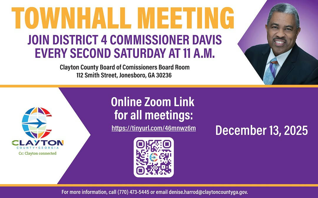Join the District 4 Community for an essential Town Hall meeting with Commissioner DeMont Davis on December 13, 2025, at 11 a.m. This important event aims to engage the community in meaningful discussions that impact their lives. Participate in person at the Clayton County Board of Commissioners, located at 112 Smith Street, Jonesboro, GA 30236, or join virtually via Zoom. This is a fantastic opportunity to voice concerns, share ideas, and connect with fellow residents committed to a better community. Don’t miss out on being part of the conversation that matters!