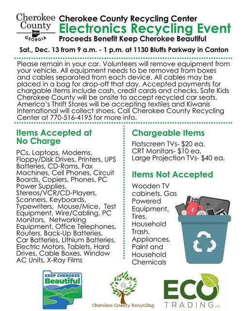 The community has come together for a great cause! On Saturday, December 13th, from 9 a.m. to 1 p.m., bring your old electronics to the Cherokee County Administration Building. Personal computers, printers, and cell phones can be recycled for free. Don’t miss the chance to declutter responsibly. There will also be opportunities to donate car seats, clothing, and shoes with local organizations. Make a positive impact while keeping the environment clean! Media Credit: Cherokee County, GA-Government