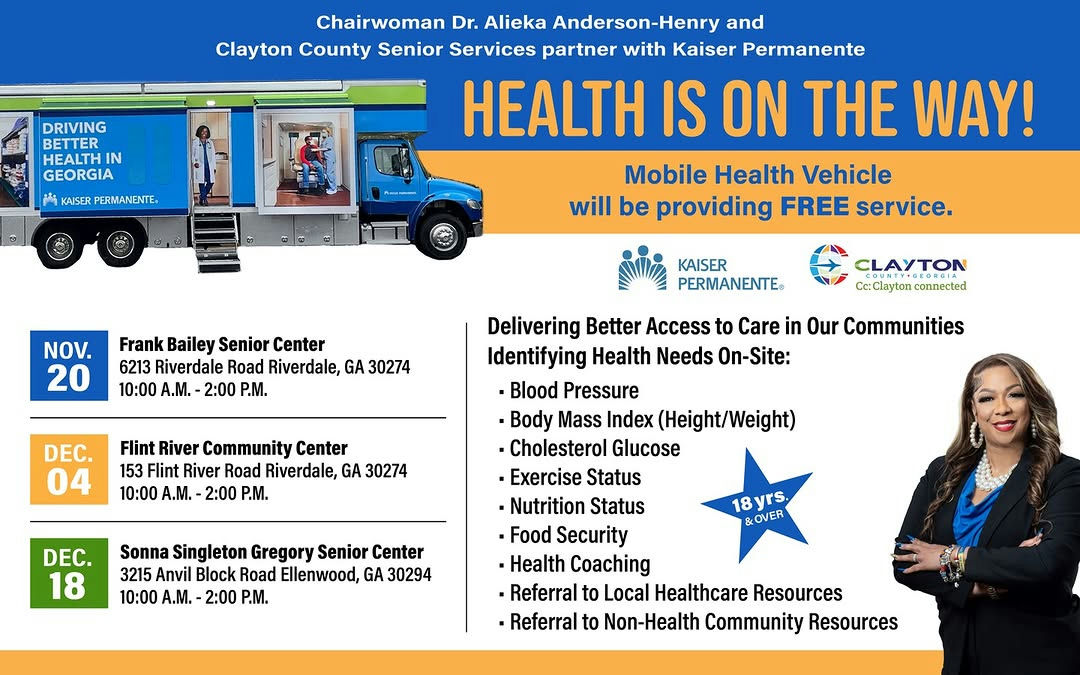 Join the local community as Chairwoman Dr. Alieka Anderson-Henry and Clayton County Senior Services collaborate with Kaiser Permanente to promote wellness through "Health is on the Way." This initiative features a FREE Mobile Health Vehicle, specially designed for individuals aged 18 and older. Get vital health checks and resources, all in a convenient location near you. Mark your calendars for the upcoming visits: Frank Bailey Senior Center on Nov. 20, Flint River Community Center on Dec. 4, and Sonna Singleton Gregory Senior Center on Dec. 18, all from 10 a.m. to 2 p.m. Take the first step towards better health; don't miss this opportunity!
