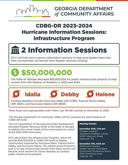 They report that the State of Georgia has received funding to aid recovery efforts from recent disasters. To address community needs, the Department of Community Affairs (DCA) will be conducting two informative sessions for residents. These sessions will take place in Savannah, GA on December 10th and in Augusta, GA on December 11th. This is a valuable opportunity for individuals to engage with DCA and share their insights. For further details, visit their website: https://ow.ly/RKCb50XwO0U Media Credit: ACCG Georgia Counties
