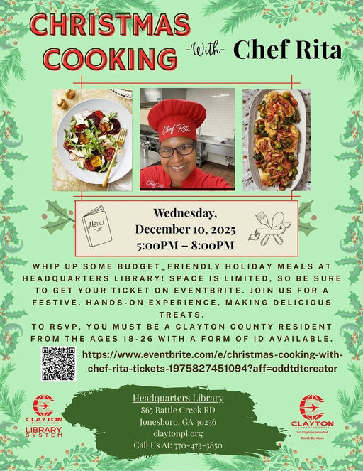Get ready to spice up the holiday season! On December 10, 2025, from 5PM to 8PM, the Headquarters Library in Jonesboro, GA, will host a festive cooking extravaganza with Chef Rita. Participants will have the opportunity to create a stunning holiday dish that will impress everyone at the table. Whether novice or expert, this engaging event promises delicious results while you chop, stir, and bake. Join fellow food enthusiasts for an unforgettable culinary experience that will elevate your holiday celebrations. Don’t miss the chance to learn new skills and make lasting memories! Media Credit: Clayton County GA
