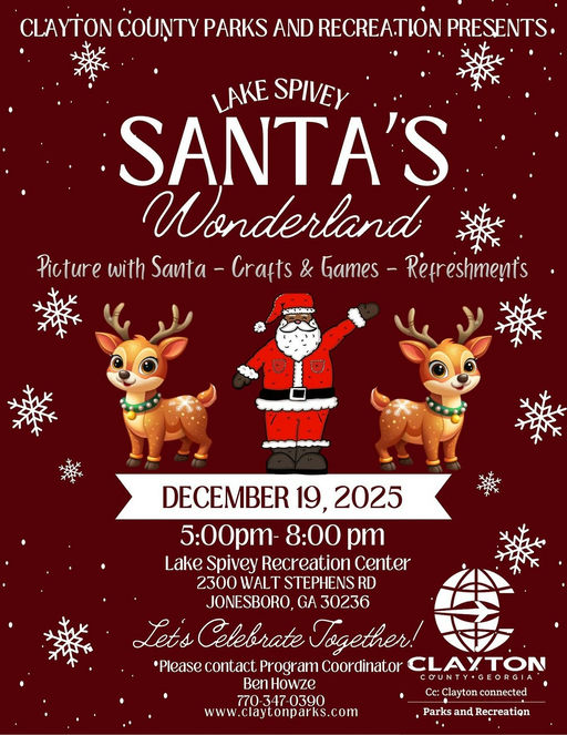 Experience the magic of the holidays at Lake Spivey’s Santa’s Wonderland! On Fri., Dec. 19, 2025, from 5:00 PM to 8:00 PM, join the festivities at the Lake Spivey Recreation Center. Delight in joyful moments with pictures with Santa, engaging crafts, and scrumptious treats that will please all. This wonderful event is perfect for creating cherished memories with family and friends. Don’t miss out on this joyful gathering that promises fun for all ages. Come and celebrate the spirit of the season! Media Credit: Clayton County GA