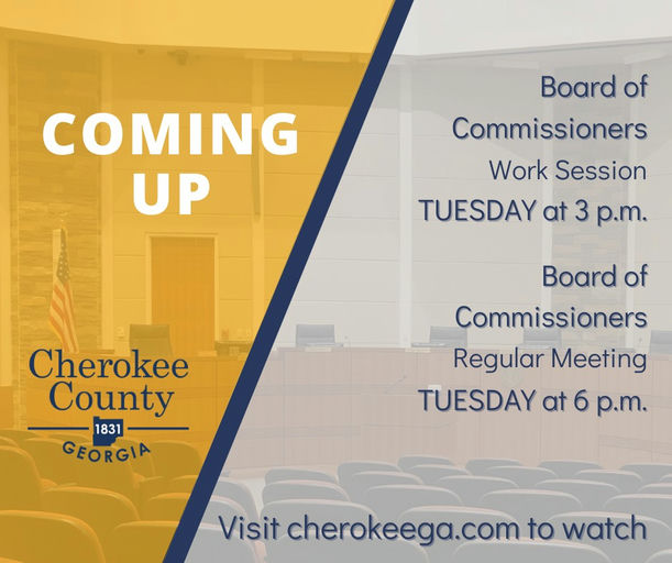 Mark your calendars for this Tuesday! Join us for the Board of Commissioners Work Session at 3 p.m., followed by the Regular Meeting at 6 p.m. It's a great opportunity to engage with local leaders and discuss important community topics. Don't miss out – visit cherokeega.com to watch and stay informed! Media Credit: Cherokee County, GA-Government