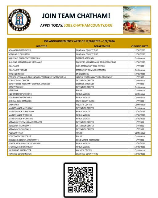Exciting news from Team Chatham! They have announced new job openings that can be applied for from any device, ensuring convenience for all applicants. For more information, visit their official job listing: Chatham County Jobs. If you're seeking a new opportunity, don't miss out! They encourage everyone to apply today! What position would you be most interested in? Media Credit: Chatham County, Georgia Government