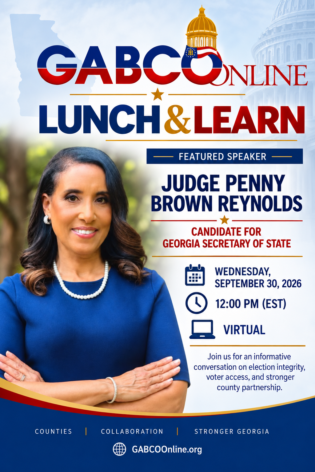 GABCO Online Lunch & Learn flyer featuring Judge Penny Brown Reynolds, Candidate for Georgia Secretary of State — Wednesday, September 30, 2026, 12:00 PM EST, Virtual